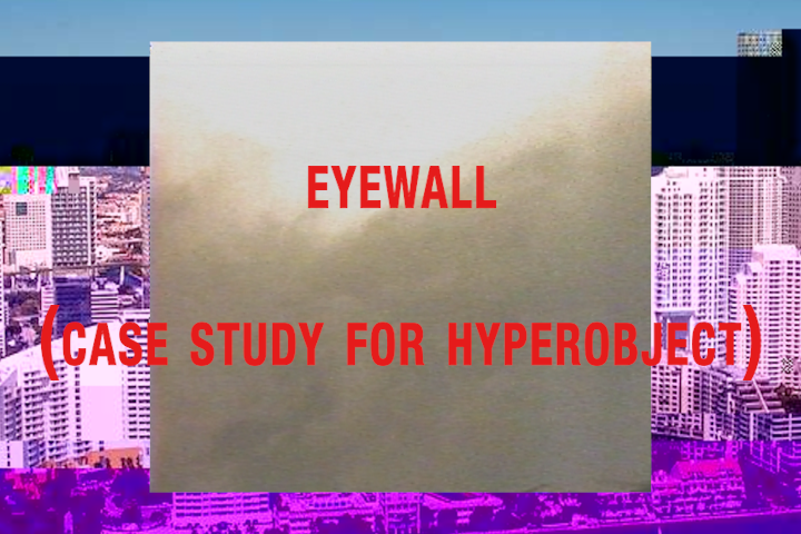 A still from Eyewall of the title text in red letters over a glitched photograph of the Miami skyline