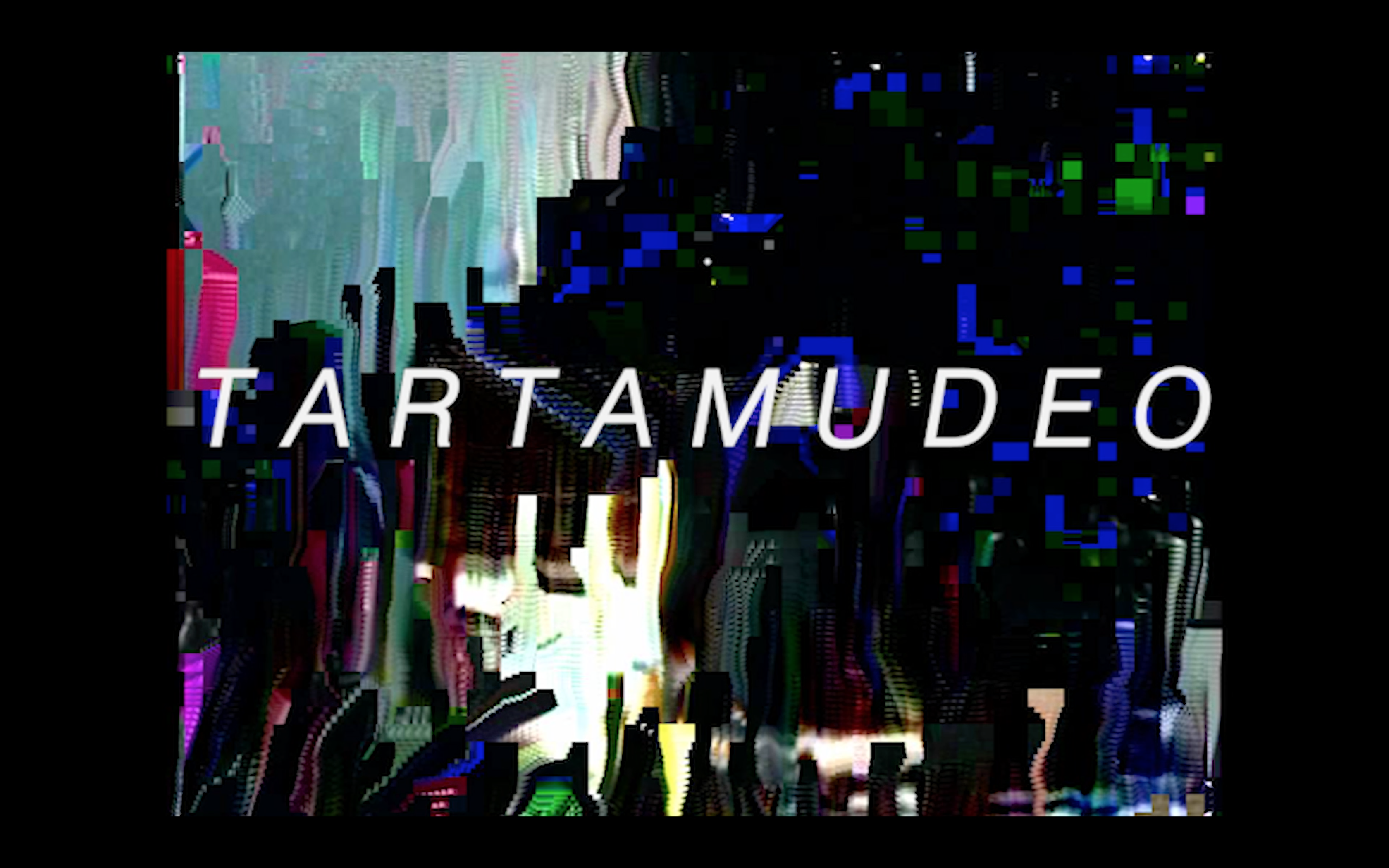 A still from Tartamudeo featuring the title text and a glitched video background