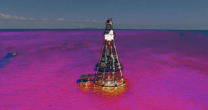 A still from a beacon, a warning: Fowey Rocks of a highly colorful drone shot of the Fowey Rocks lighthouse